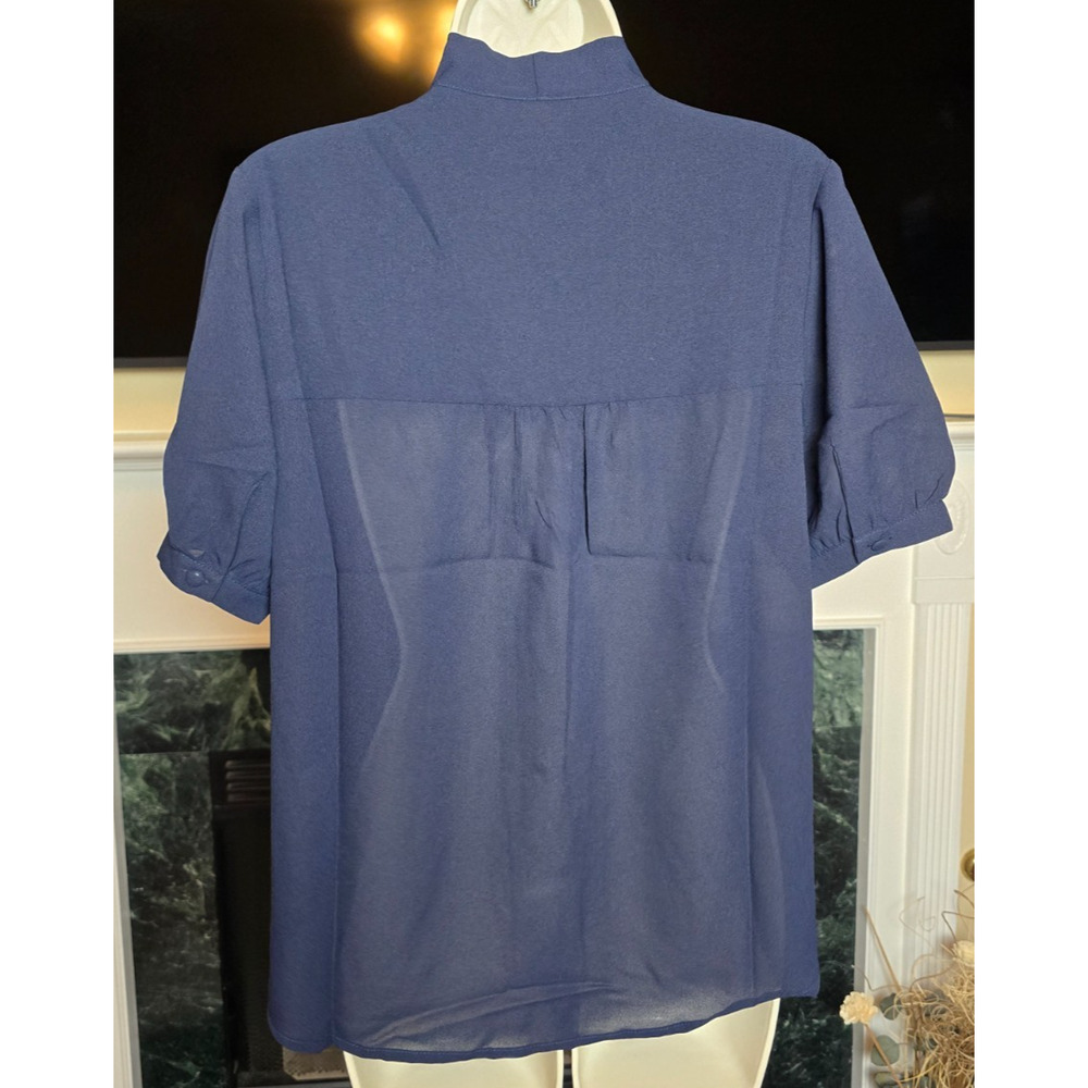 Tulip B Medium Navy Tie Neck Blouse Puff Sleeve Covered Button Front - Picture 3 of 7